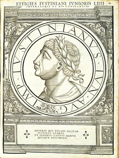 Iustinianus II, ilustración de Imperatorum romanorum omnium orientalium et occidentalium verissimae imagines ex antiquis numismatis de Hans Rudolf Manuel Deutsch